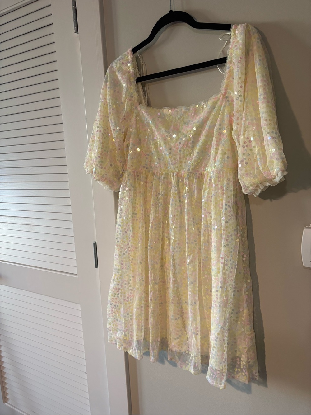 Altar’d State Shasta Flower Sequin Puff Sleeve Baby Doll Dress